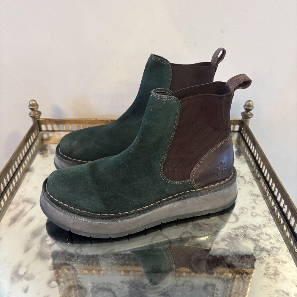 Fly London Boots Womens Size 35 Green Brown‎ Suede Chelsea Ankle Platform